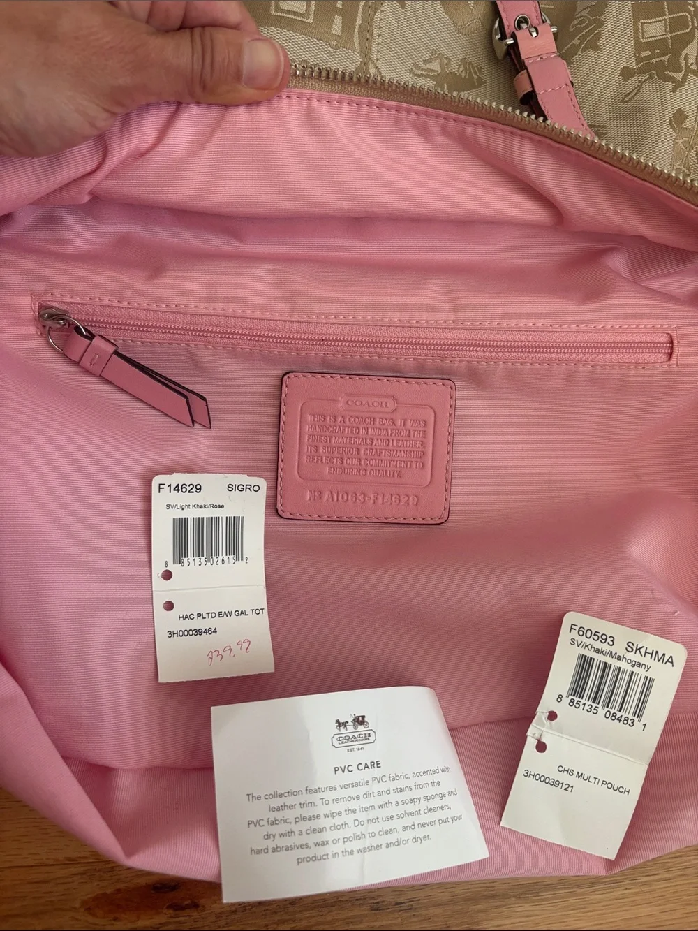 Coach Horse & Carriage Pleated Gallery Tote Pink Leather Khaki Y2K Shoulder Bag